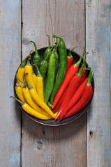 Multi colored hot chili peppers