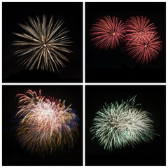 Collection of bright colorful firework burst explosions on black