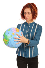 Fototapeta premium Woman looking on world globe