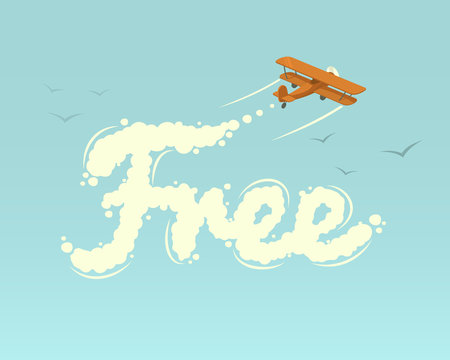 Biplane with word Free. Vector illustration.