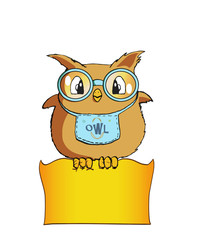 Sweet Owl chubby with blue glasses and bib carries note