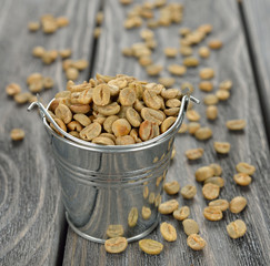 Green coffee in a bucket