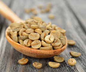 Green Coffee in a wooden spoon