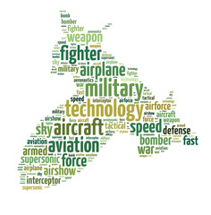 Words illustration of a jet fighter over white background