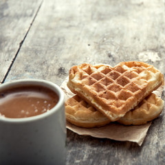 heart shaped waffles and coffee