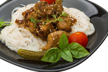 Rice noodles with pork and herbs