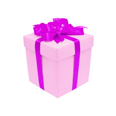 Gift box with purple satin bow. Isolated on white
