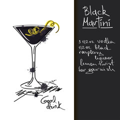 Illustration with Black Martini cocktail