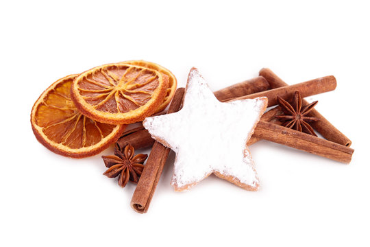 isolated gingerbread with cinnamon and orange dried