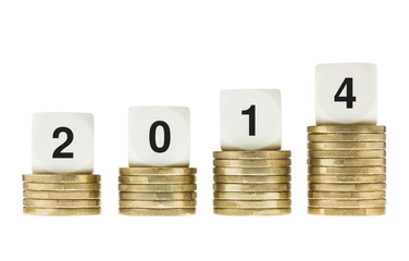Year 2014 on Stacks of Gold Coins with White Background