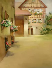 Cercles muraux Café de rue dessiné Collection de paysages à l& 39 aquarelle : la vie de village
