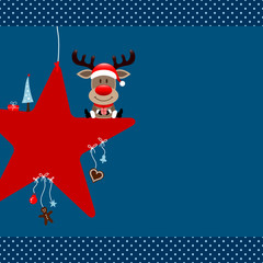 Fototapeta premium Rudolph Sitting On Red Star & Symbols Blue Dots