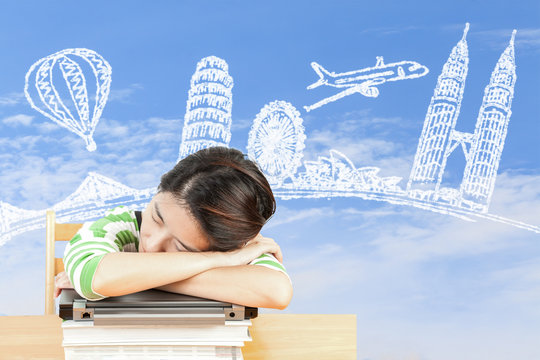 Asian Woman Dreaming About Travel And Holiday