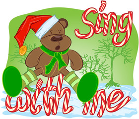 Illustration vector of fun brown bear in red Santa's hat
