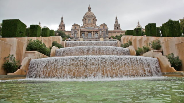 Fountain on Placa De Espanya, before National Museum in Barcelon