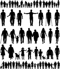 Editable vector silhouettes of people walking hand in hand - obrazy, fototapety, plakaty