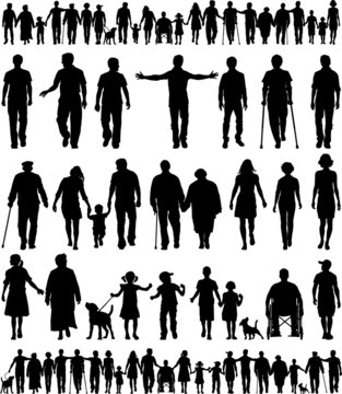 Editable vector silhouettes of people walking hand in hand