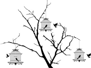 Baumsilhouette mit fliegenden Vögeln und Vogel in einem Käfig
