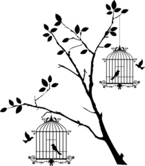 Zelfklevend Fotobehang Vogels in kooien boomsilhouet met vliegende vogels en vogels in een kooi