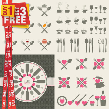 Set of icons and elements for restaurants, food and drink.
