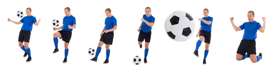 collection of photos - soccer player with a ball on white backgr