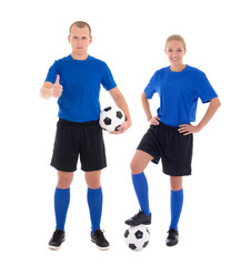 male and female soccer players with a balls on white background