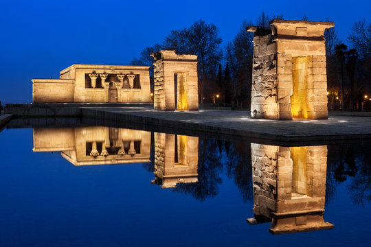 Debod. Egyptian temple in the city of Madrid at night, Spain.