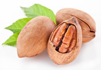 Pecan nuts with leaves.