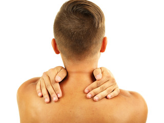 Obraz premium Young man with neck pain, isolated on white
