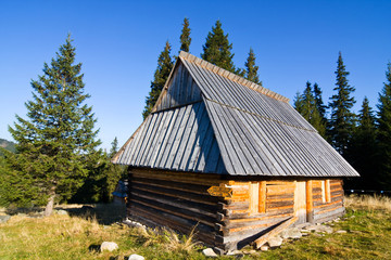 Shepherd wooden hut on meadow, Tatry Mountains, Poland © dziewul
