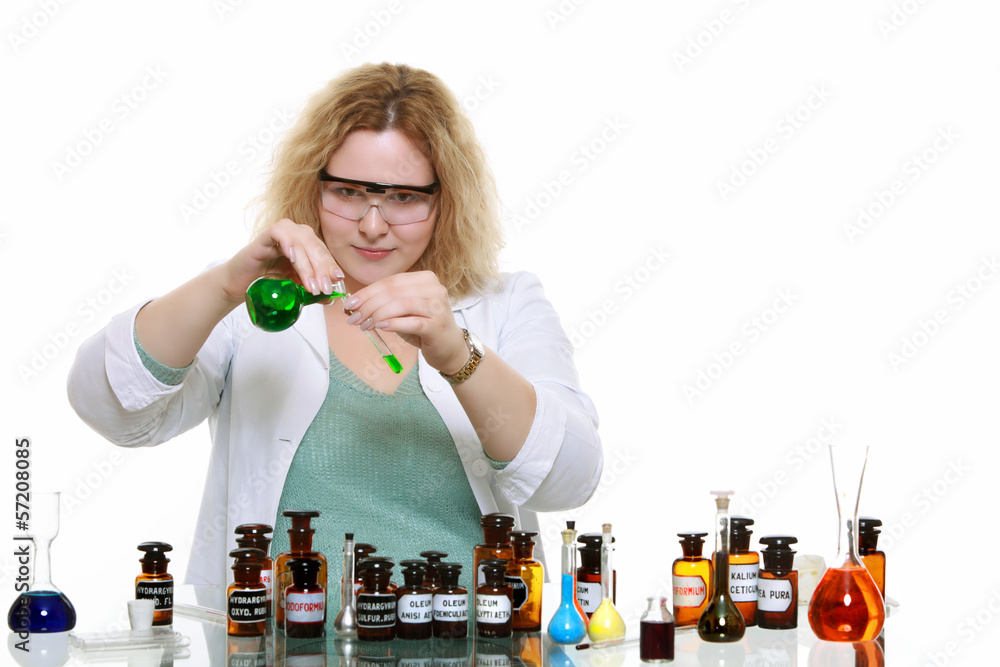 Wall mural chemist woman with chemical glassware flask isolated