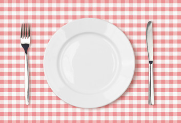 empty dinner plate top view on pink picnic table cloth