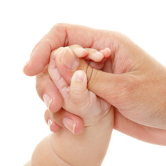 baby holds mother's hand, trust family help concept, isolated on