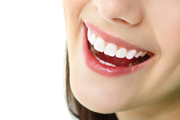 perfect smile with healthy tooth of cheerful teen girl isolated