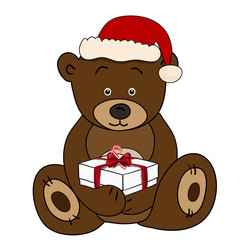 Bear in Santa Claus holding a box present