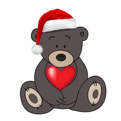 Bear in Santa Claus hat holding a heart, vector