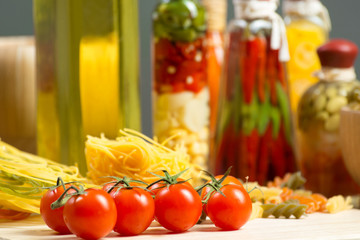 close-up of cherry tomatoes and pasta