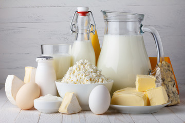 Dairy products, milk, cottage cheese, eggs, yogurt - obrazy, fototapety, plakaty