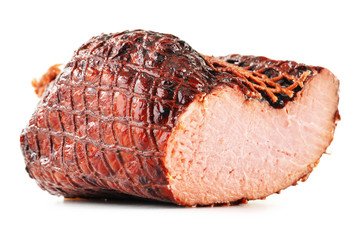 Piece of ham isolated on white background