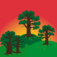 Vector illustration of sundown in the forest