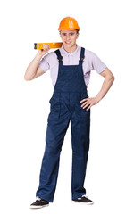 Foreman in orange hard cap holds engineer's level