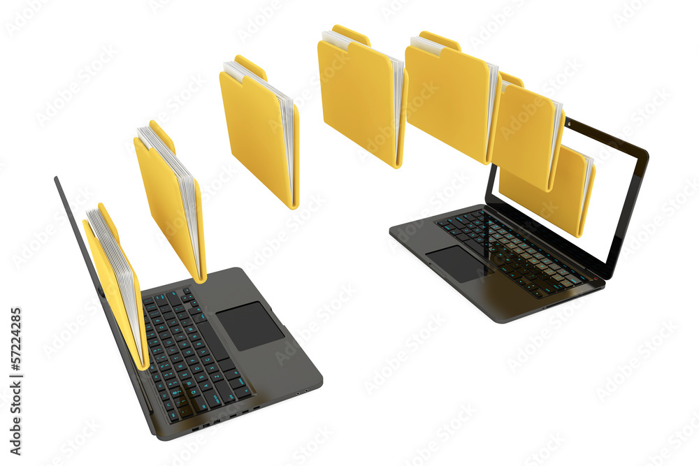 Poster two laptop computers with folders transferring between each othe
