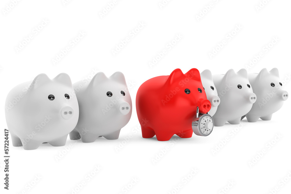 Poster piggy bank in row with one red secured with combination lock