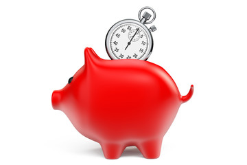 Obraz premium Time Save Concept. Red Piggy Bank with Stopwatch