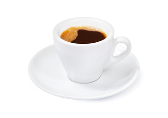 a hot cup of espresso on a white background