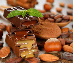 Chocolate, nuts and cocoa beans