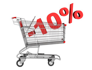 shopping cart with 10 percent discount isolated on white backgro