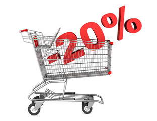 shopping cart with 20 percent discount isolated on white backgro