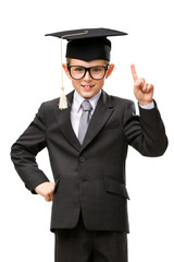 Half-length portrait of little businessman in academic cap