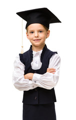 Half-length portrait of little student in academic cap